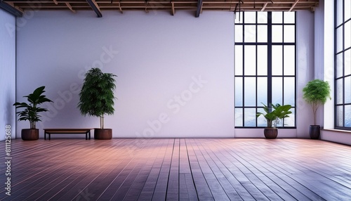Raum mit Pflanzen, Holzboden und weißer Wand, Büro Hintergrund, Office Wallpaper, Yoga Raum photo