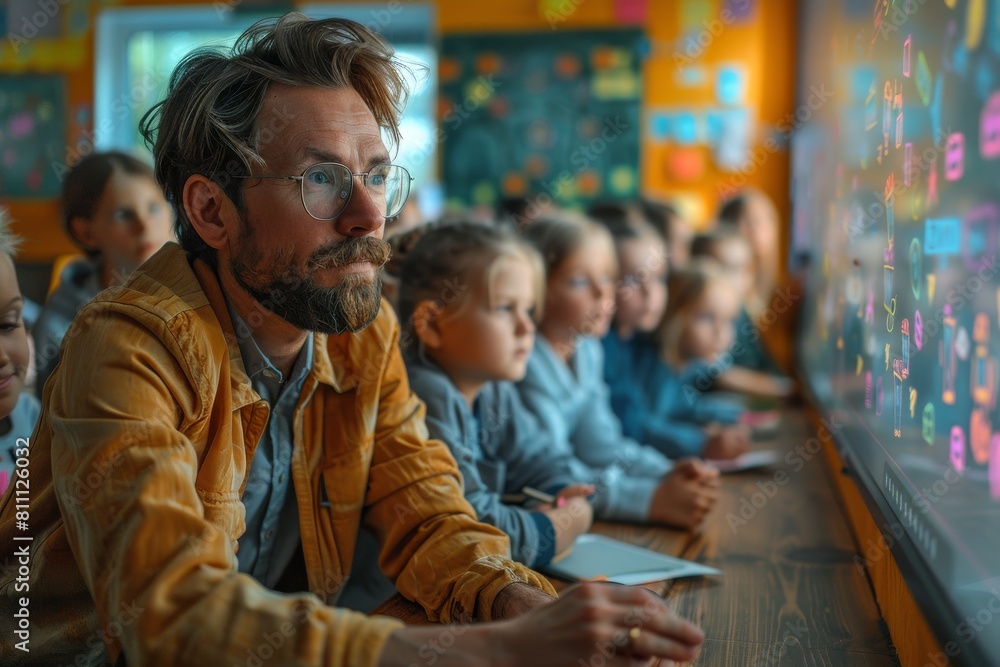 A modern classroom with engaged children learning on an interactive digital screen, promoting education A modern classroom with engaged children learning on an interactive digital screen, promoting education