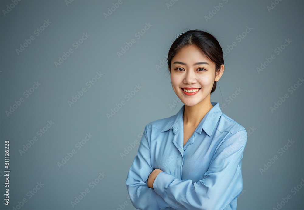 A confident smile beams from a young Asian woman in a stylish blue shirt, her crossed arms radiating authority A confident smile beams from a young Asian woman in a stylish blue shirt, her crossed arms radiating authority