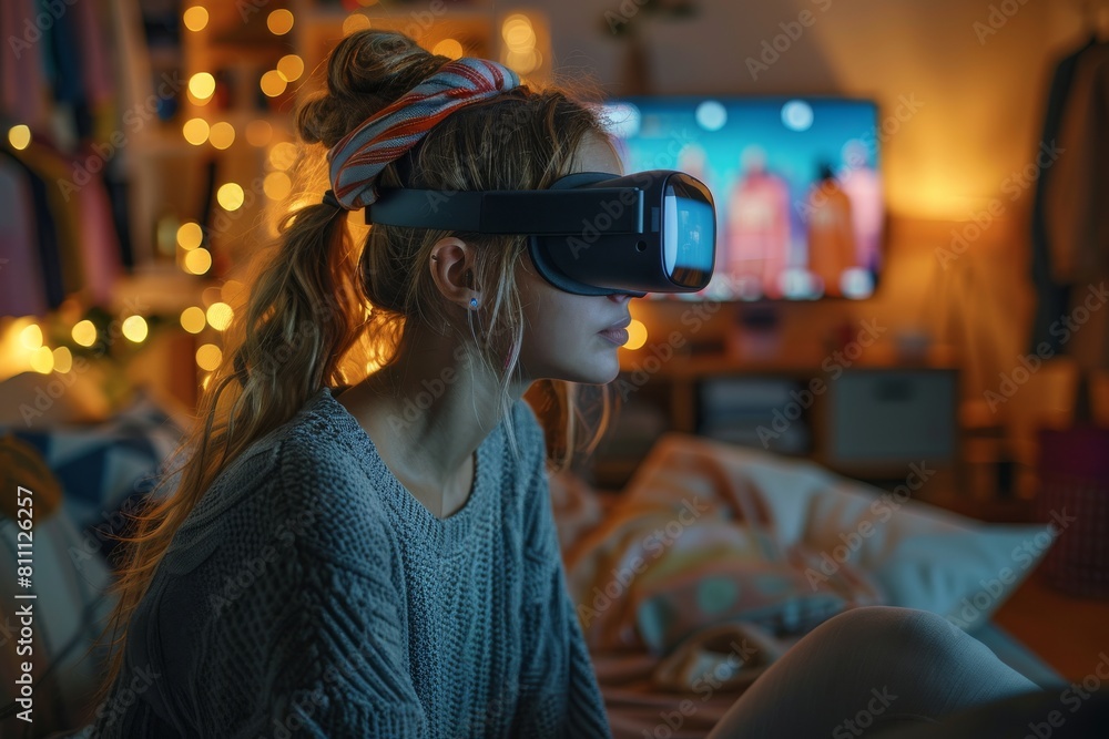 A young woman in her living room deeply immersed in a virtual reality world with a VR headset A young woman in her living room deeply immersed in a virtual reality world with a VR headset