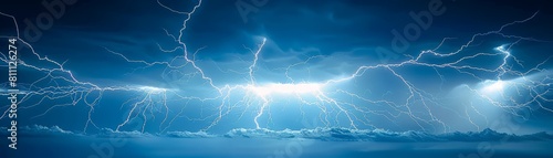 A stormy sky with lightning bolts and a dark blue background