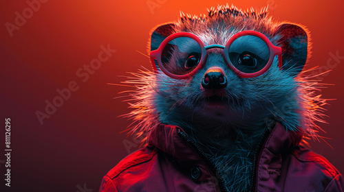 A cartoonish animal wearing glasses and a red jacket. The animal has a goofy, playful look to it photo