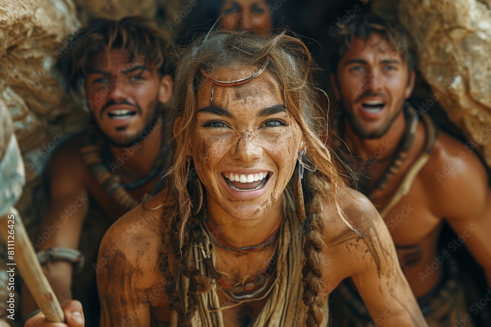 A joyful tribal woman with a bright smile surrounded by warrior men, expressing happiness