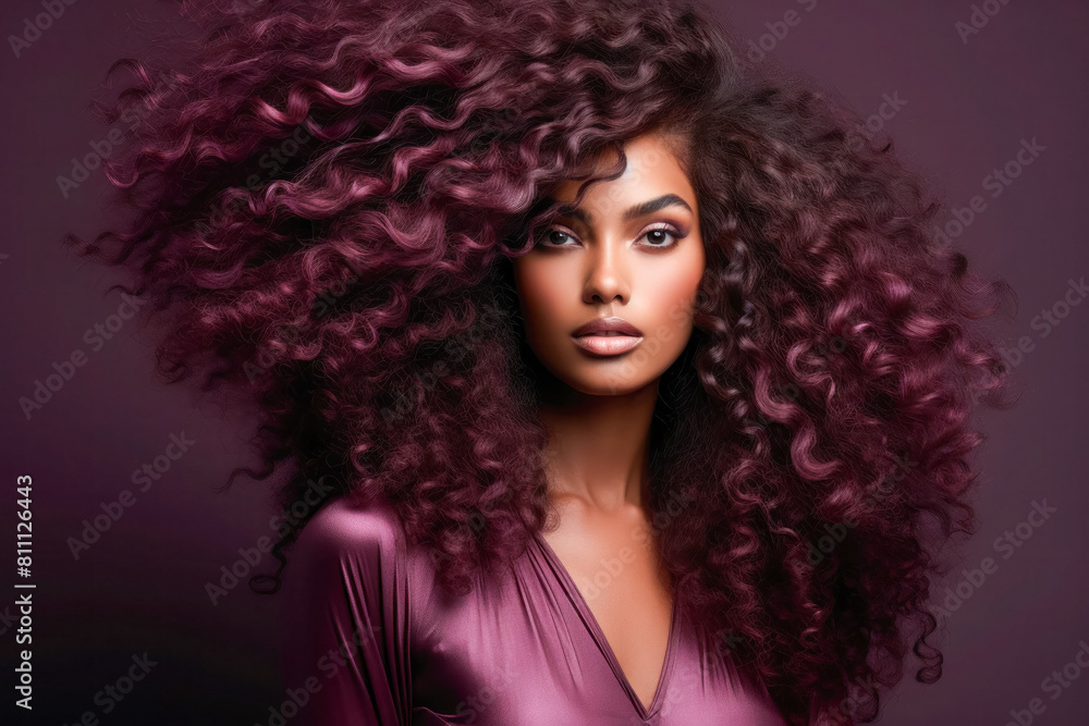 Fototapeta premium burgundy color background hair, purple background model, African American, trendy fashion, portrait, close-up