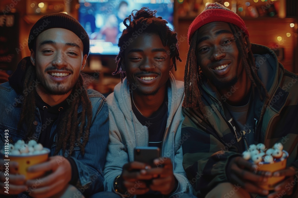 Three young men sharing a moment of joy with popcorn at a night setting Three young men sharing a moment of joy with popcorn at a night setting