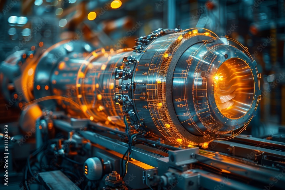 A sophisticated industrial manufacturing device illuminated with a futuristic orange glow suggesting innovation A sophisticated industrial manufacturing device illuminated with a futuristic orange glow suggesting innovation