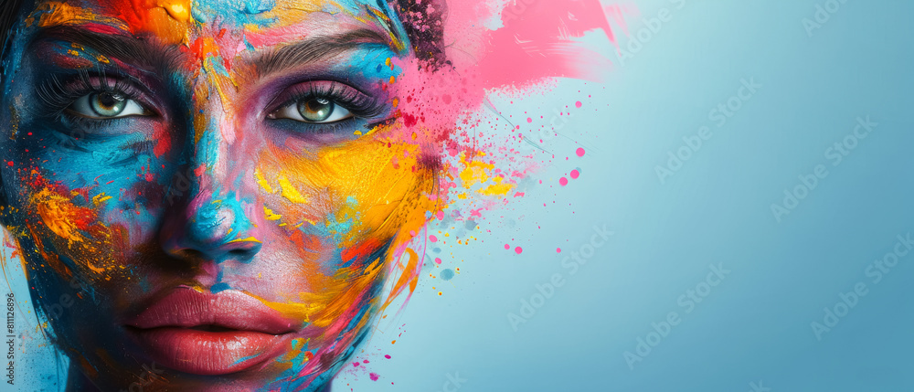 A woman's face is painted with bright colors and has a splash of paint on it
