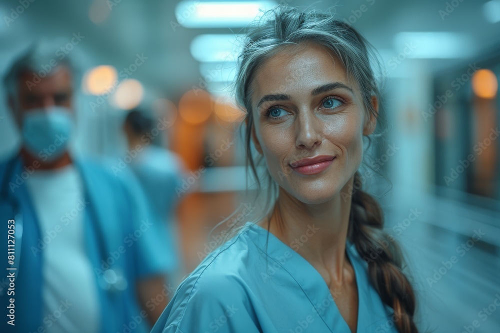 Portrait of calm nurse in hospital with a colleague in background Portrait of calm nurse in hospital with a colleague in background