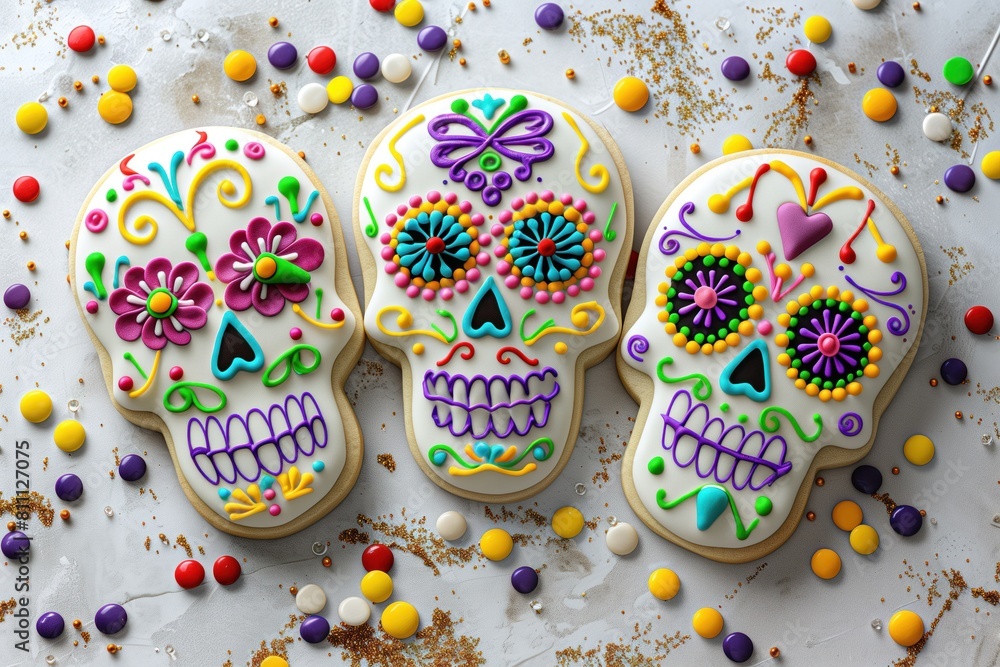 Trio of decorated sugar skull cookies, each featuring unique, vibrant patterns and a celebratory scattering of confetti.