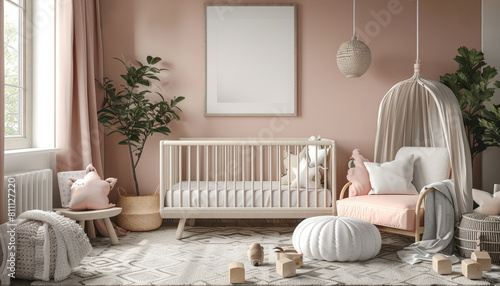 A nursery room with a white crib  a rocking chair  and a plant by AI generated image
