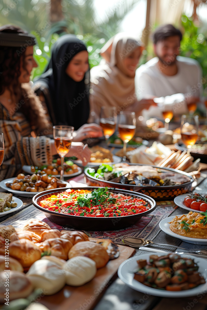 Islamic family around a festive table with traditional dishes, celebrating Eid al-Adha.