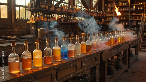Chemical reactions taking place in a laboratory setting  with colorful liquids bubbling and fizzing in glassware.