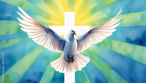 White pigeon in front of a white crucifix. Water color painting. Pentecost concept