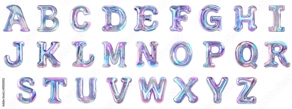Full Alphabet, inflatable chrome letters, liquid metal, glass effect, with a smooth, shiny, iridescent holographic surface on a transparent background. Graphic element for design and print.. Full Alphabet, inflatable chrome letters, liquid metal, glass effect, with a smooth, shiny, iridescent holographic surface on a transparent background. Graphic element for design and print..