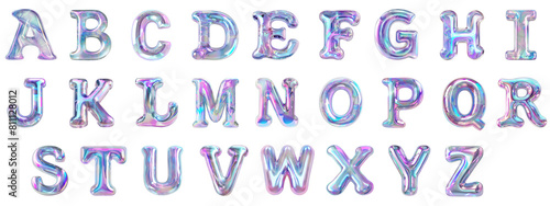 Full Alphabet, inflatable chrome letters, liquid metal, glass effect, with a smooth, shiny, iridescent holographic surface on a transparent background. Graphic element for design and print..