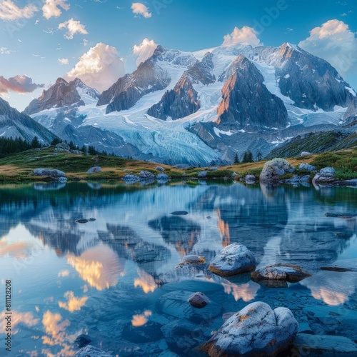 Photography of towering snow-capped mountains reflecting off a perfectly still crystal blue alpine lake 