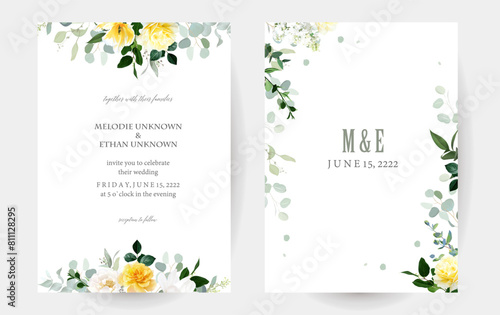 Yellow rose  peony  white lilac  tulip  magnolia  spring garden flowers  mint eucalyptus  greenery  fern vector design frames. Wedding summer bouquet invitations. Elements are isolated and editable