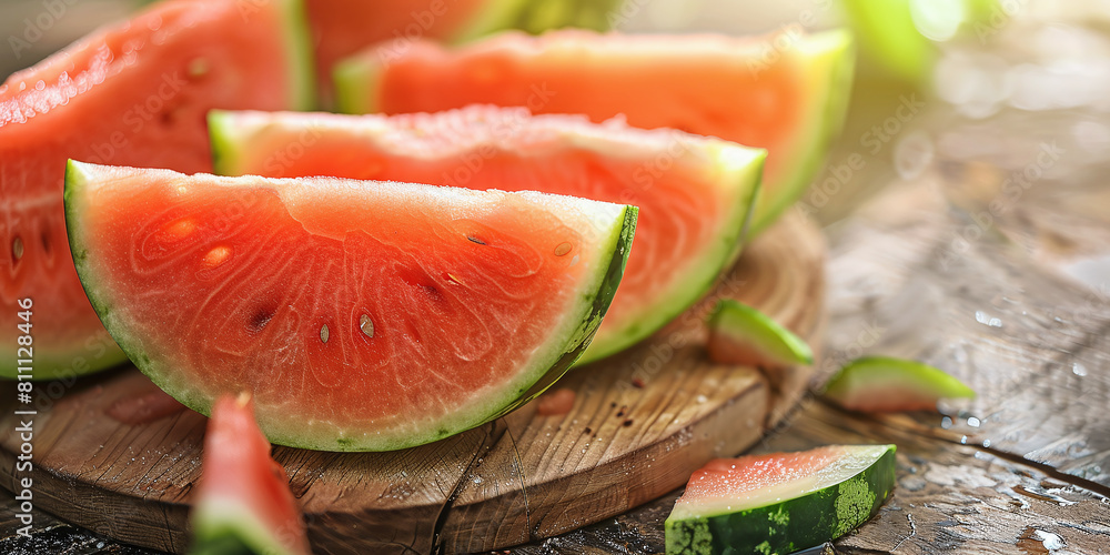 Sliced watermelons on a wooden table, a closeup photo with copy space. Watermelon slices on an old kitchen board Sliced watermelons on a wooden table, a closeup photo with copy space. Watermelon slices on an old kitchen board