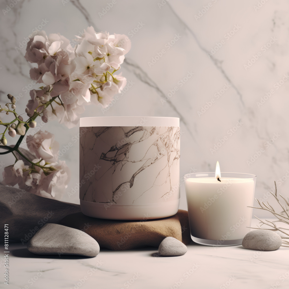 Candle mockup on stone table and spring flowers in natural colors Candle mockup on stone table and spring flowers in natural colors