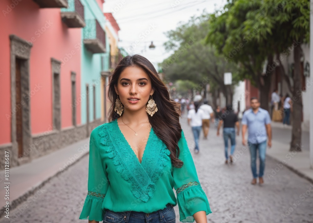 Beautiful attractive Mexican young woman walking in a city