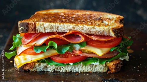 Sandwich with ham  cheese  tomato and lettuce on a dark background