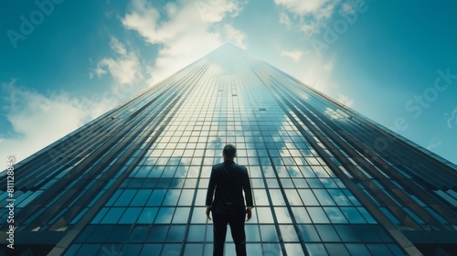 A businessman standing at the base of a skyscraper, looking up in admiration at the towering structure, symbolizing ambition and aspiration.