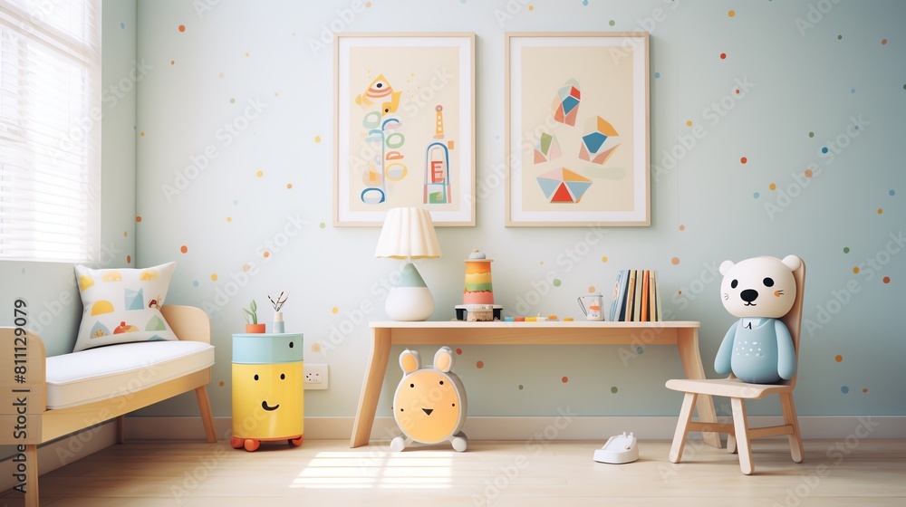 Fototapeta premium A bright and colorful playroom with a table, chair, and lots of toys. There is a window, a rug, and two paintings on the wall.