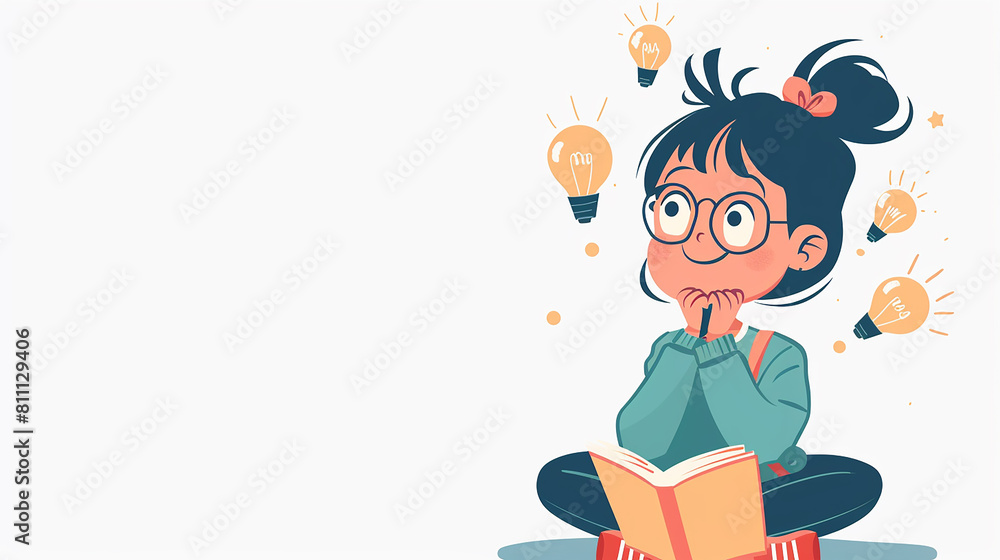 A cartoon illustration with a white background. A girl student is sitting, happily contemplating new ideas. There is blank space provided for writing text A cartoon illustration with a white background. A girl student is sitting, happily contemplating new ideas. There is blank space provided for writing text