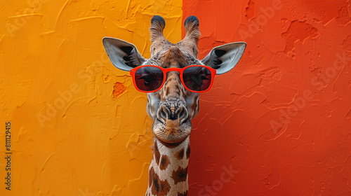 A giraffe wearing sunglasses and standing in front of a wall with orange and yellow colors. The giraffe is the main focus of the image, and the sunglasses give it a playful and fun appearance