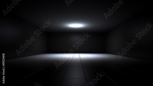 A dark room with a single light in the ceiling.