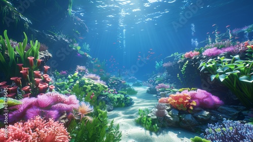 A colorful underwater scene with a variety of fish and plants