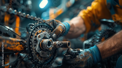 A close-up of a bike repair mechanic adjusting gears photo