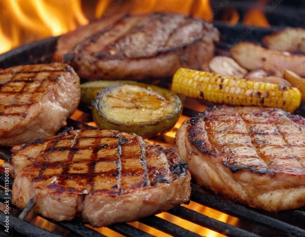 A plate of grilled meat and vegetables with a fire underneath