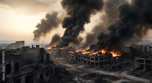 Black Smoke rising from the burning bombed destroyed buildings from wide far drone perspective in dusky environment, battle concept, 