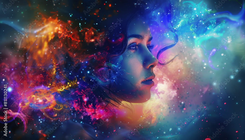 A woman's face is shown in a colorful, starry background by AI generated image A woman's face is shown in a colorful, starry background by AI generated image