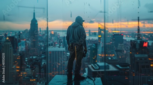 A man standing on a skyscraper rooftop