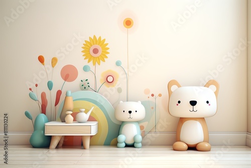 A 3D rendering of a colorful nursery with two stuffed animals, a table, and a rainbow mural on the wall.