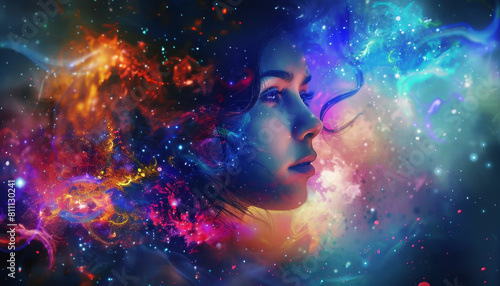 A woman's face is shown in a colorful, starry background by AI generated image