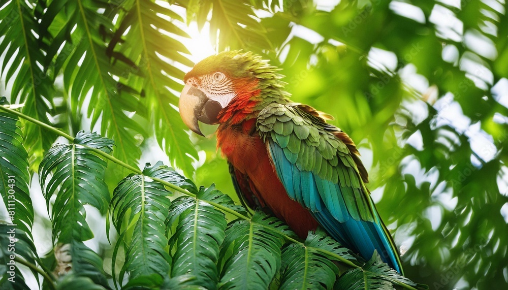 Illustrate the vibrant plumage of a tropical parrot amidst the lush foliage of a rainforest canopy. Illustrate the vibrant plumage of a tropical parrot amidst the lush foliage of a rainforest canopy.