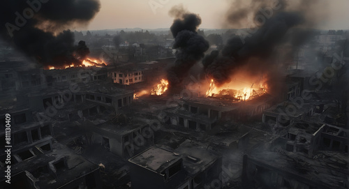 Black Smoke rising from the burning bombed destroyed buildings from wide far drone perspective in dusky environment, battle concept, fire