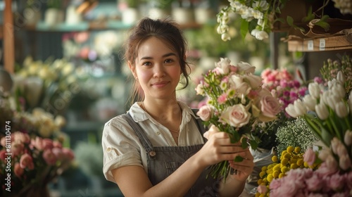 A young florist smiles while holding a bouquet of flowers.