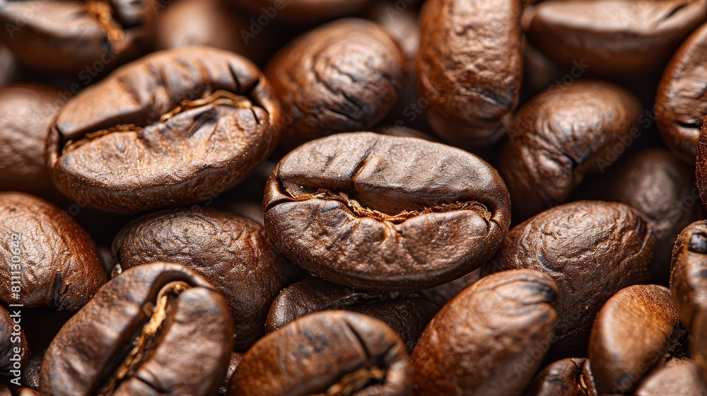 Perfectly lit close-up of glossy roasted coffee beans, displayed on a clean, isolated background, ideal for advertising Perfectly lit close-up of glossy roasted coffee beans, displayed on a clean, isolated background, ideal for advertising
