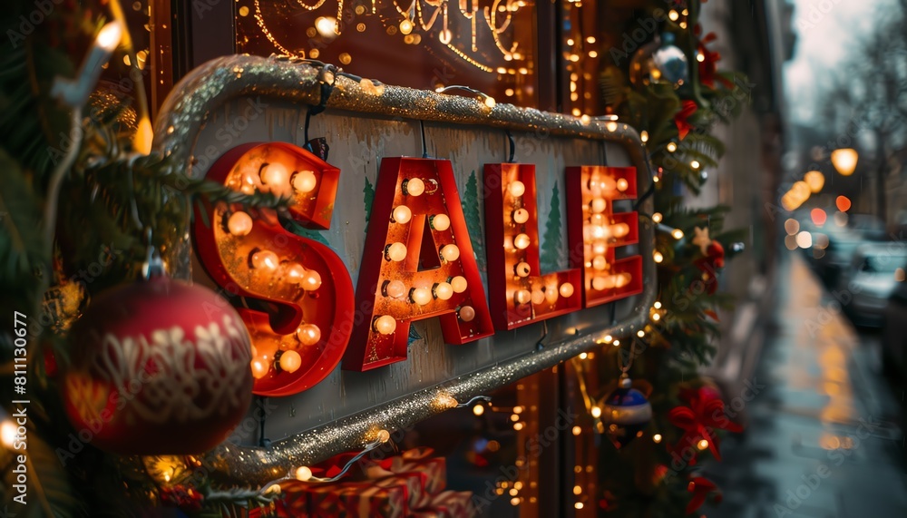 Sale sign in bold text with festive decorations, ideal for retail marketing and promotions Sale sign in bold text with festive decorations, ideal for retail marketing and promotions