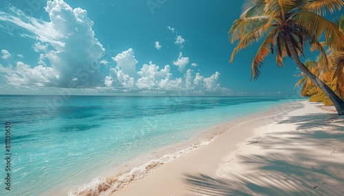 On a sunny day with white sand  turquoise ocean  blue sky  clouds and palm trees over the water. Maldives  perfect tropical landscape  ultra wide format.