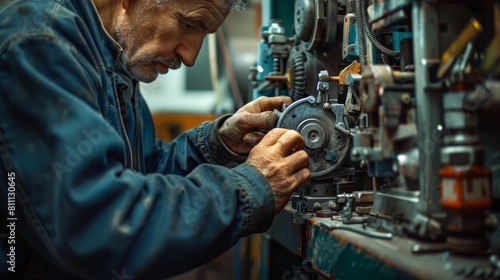 An old man in a blue jumpsuit is carefully working on a complex machine. photo