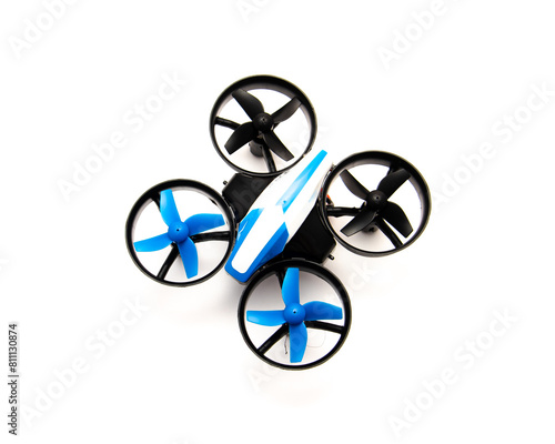 Top view indoor mini drone with protection guard for propellers isolated on white background, quadcopter auto hovering and flashing light indicator, toy for kids and beginner pilots photo