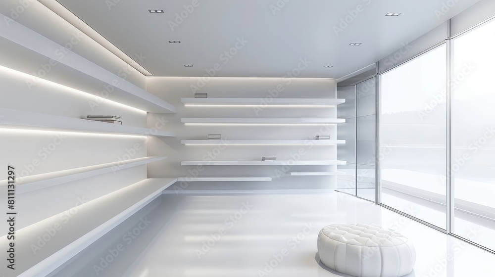 Minimalist modern closet with empty shelves, sleek surfaces and clean lines emphasize simplicity and clarity of design Minimalist modern closet with empty shelves, sleek surfaces and clean lines emphasize simplicity and clarity of design