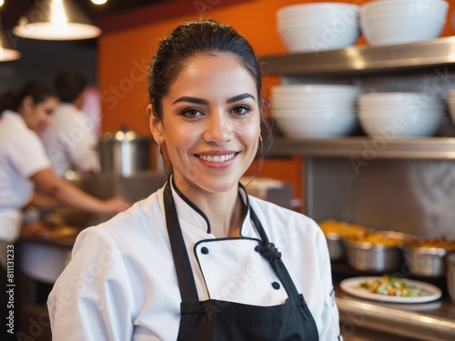 Smiling Hispanic female chef posing at the restaurant she works