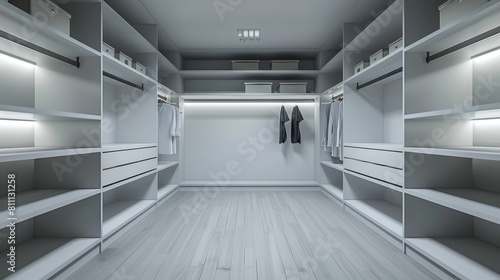 Minimalist modern closet with empty shelves, sleek surfaces and clean lines emphasize simplicity and clarity of design