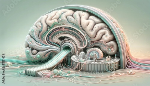 The human nervous system integrated with futuristic MRI technology. Detailed neurons, synapses, and brain structures